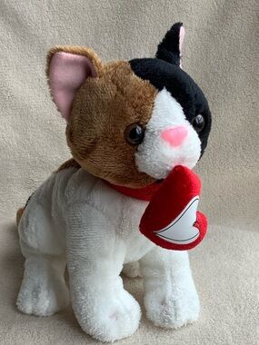 Plush Calico Cat Toy with Red Heart Collar - Soft White, Brown & Black
